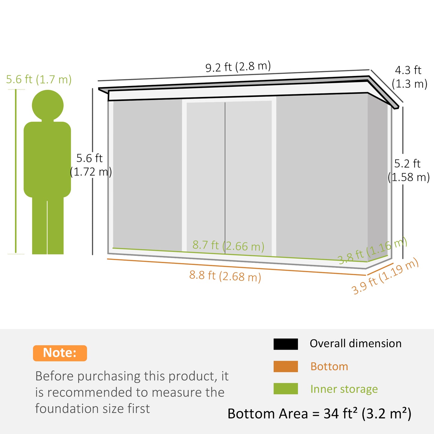 Outsunny 9ft x 4ft Metalowy domek ogrodowy, domek na narzędzia zewnętrzne z zestawem fundamentowym, wentylacjami i podwójnymi drzwiami, jasnoszary, usłojenie drewna