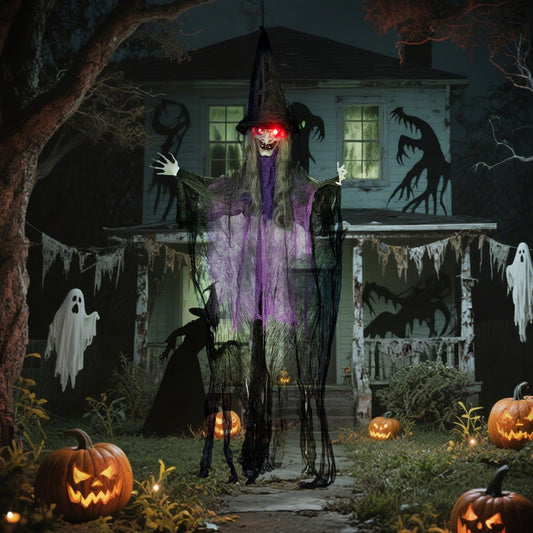 Outsunny 183 cm Life Size Halloween Animated Hanging Witch with Glowing LED Eyes, Spooky Witch Scary Halloween Decorations, Battery Operated, Indoor Party Props