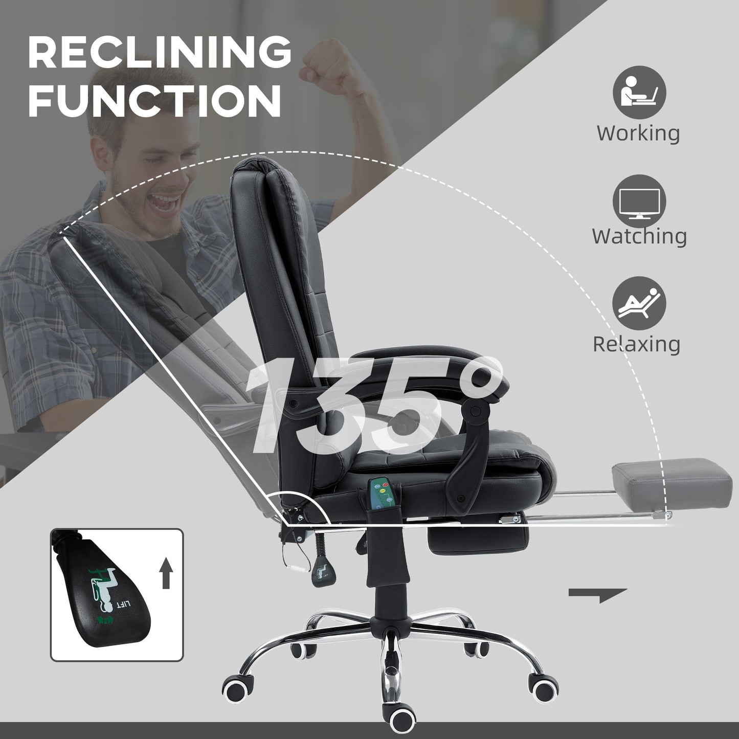 Vinsetto Office Chair with 6 Point Massage and Back Heat, PU Desk Chair with Footrest Adjustable Height and Swivel Wheels, Back Reclining, Black
