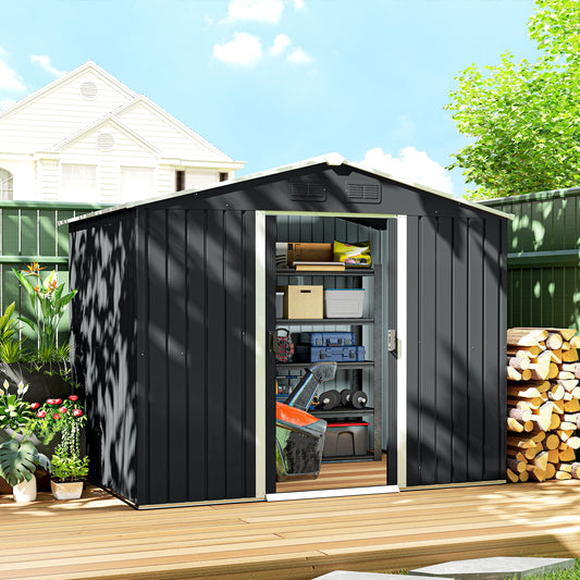 Outsunny 7.7 x 5.7ft Metal Garden Shed, Galvanised Outdoor Tool Storage House with Ventilation Slots and Sliding Doors, Grey