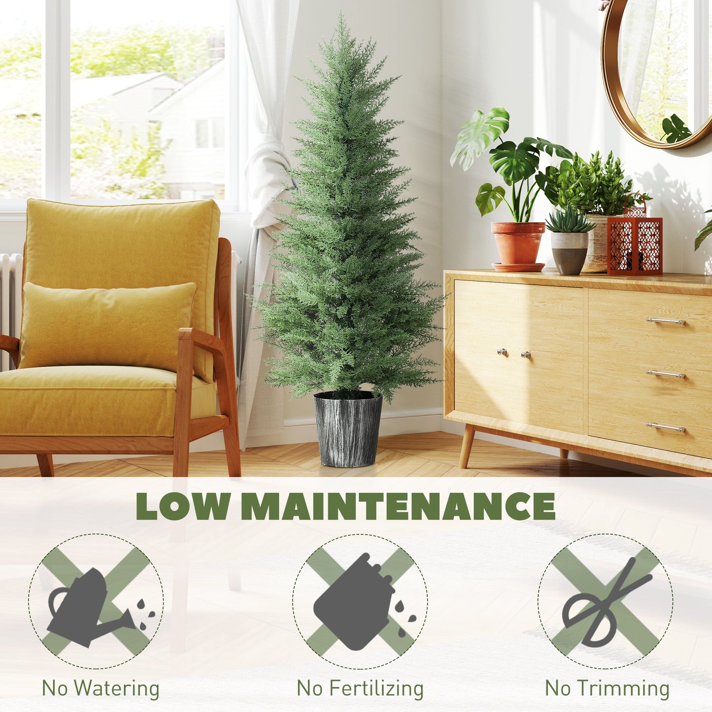 HOMCOM 135cm Artificial Cypress Trees Set of 2, UV Resistant Artificial Plants with Decorative Pot, Fake Plants for Indoor Outdoor Decor, Green