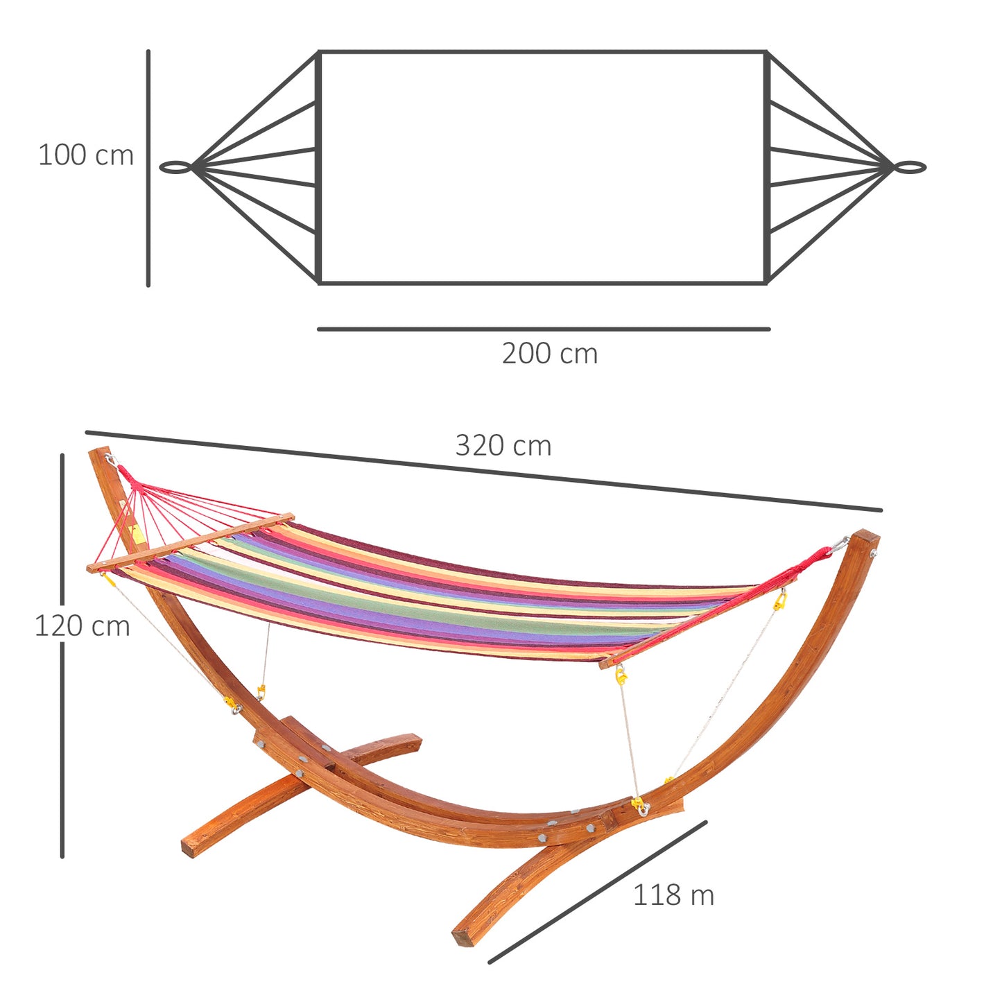 Hamak ogrodowy Outsunny ze stojakiem, wolnostojący hamak z łukową drewnianą ramą i tkaniną 200 x 100 cm, huśtawka ogrodowa wisząca z bezpiecznymi linami, wielokolorowy