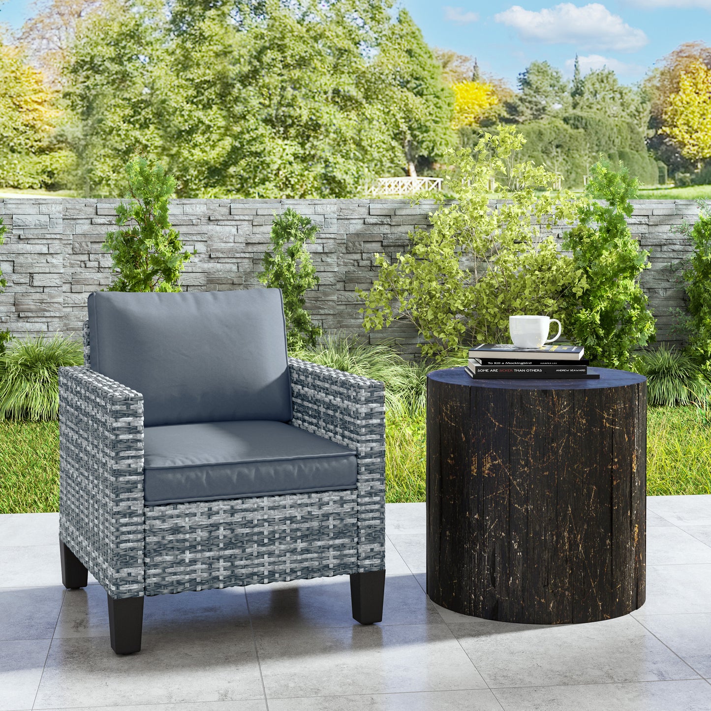 Fotel Outsunny Single Rattan z poduszkami - jasnoszary