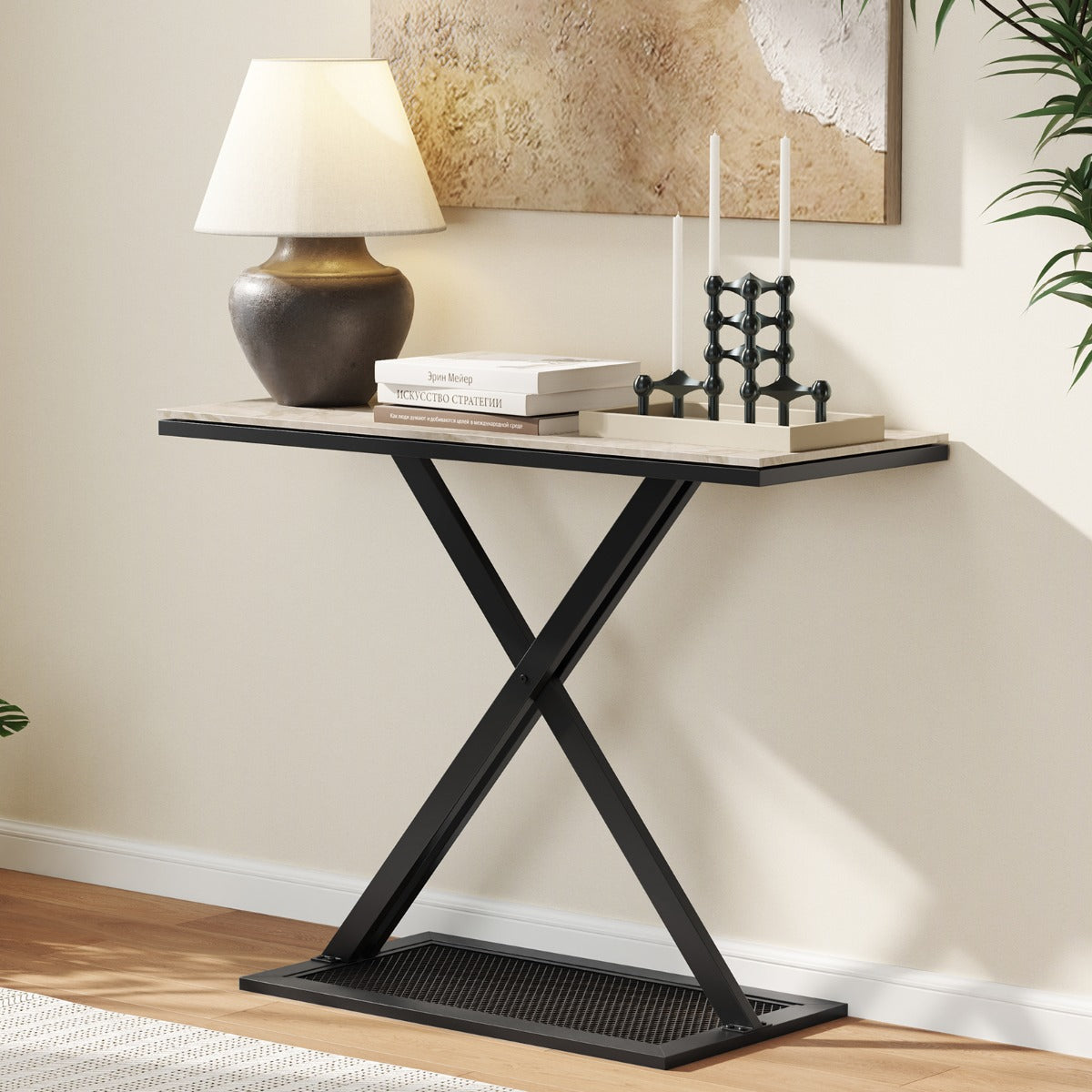 Faux Marble Top Metal Frame Entryway Console Table