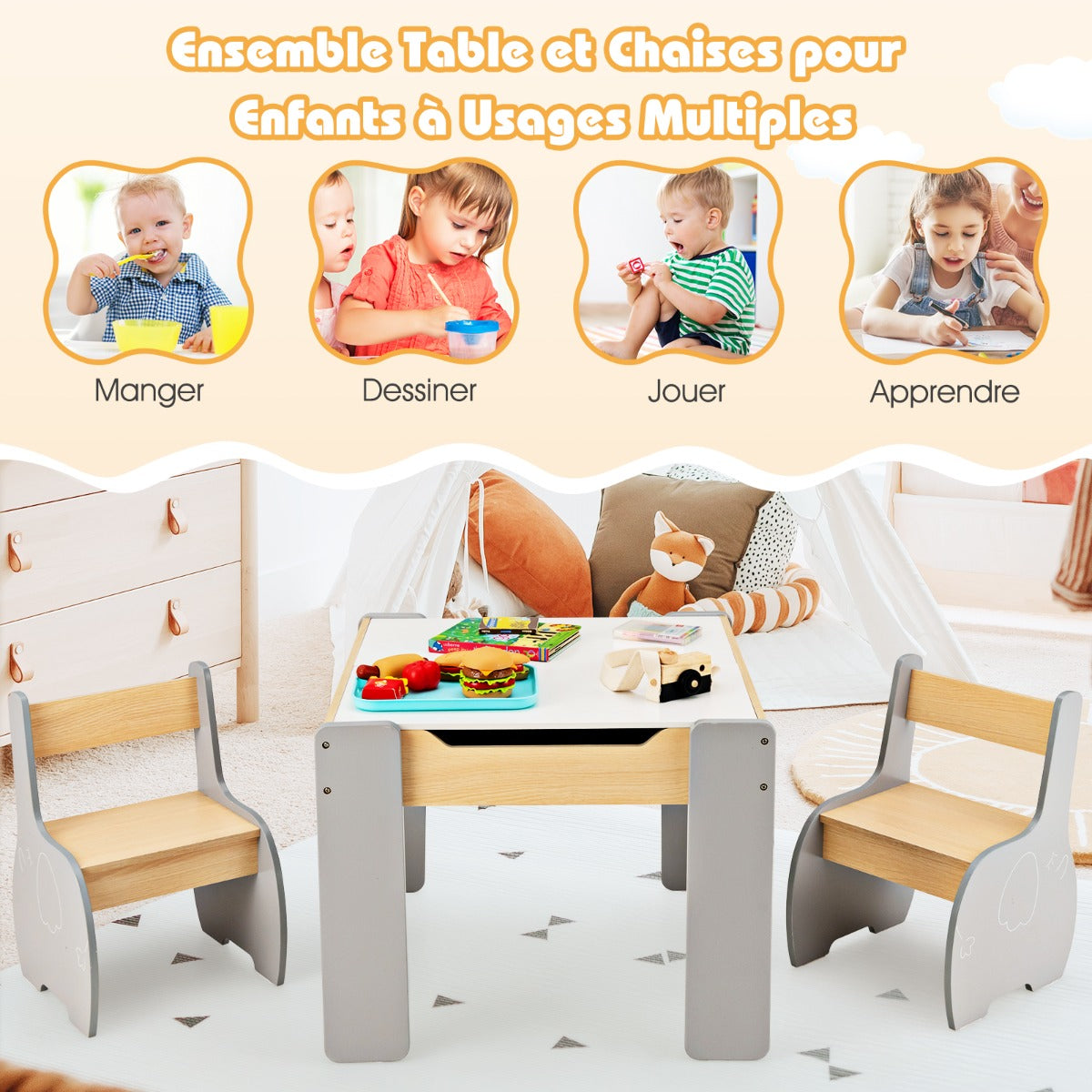 4-in-1 Wooden Kids Activity Table and Chair Set for Drawing & Studying