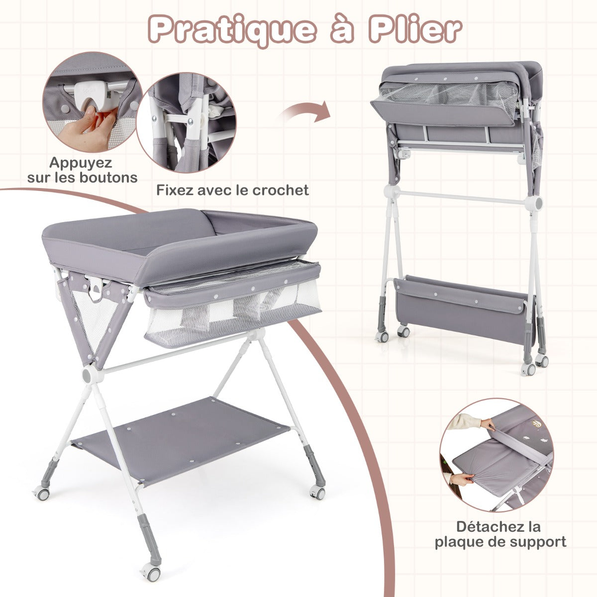 Folding Baby Changing Table, Portable Changing Table, Height Adjustable to 4 Levels with Wheels, Shelf and Basket, Gray