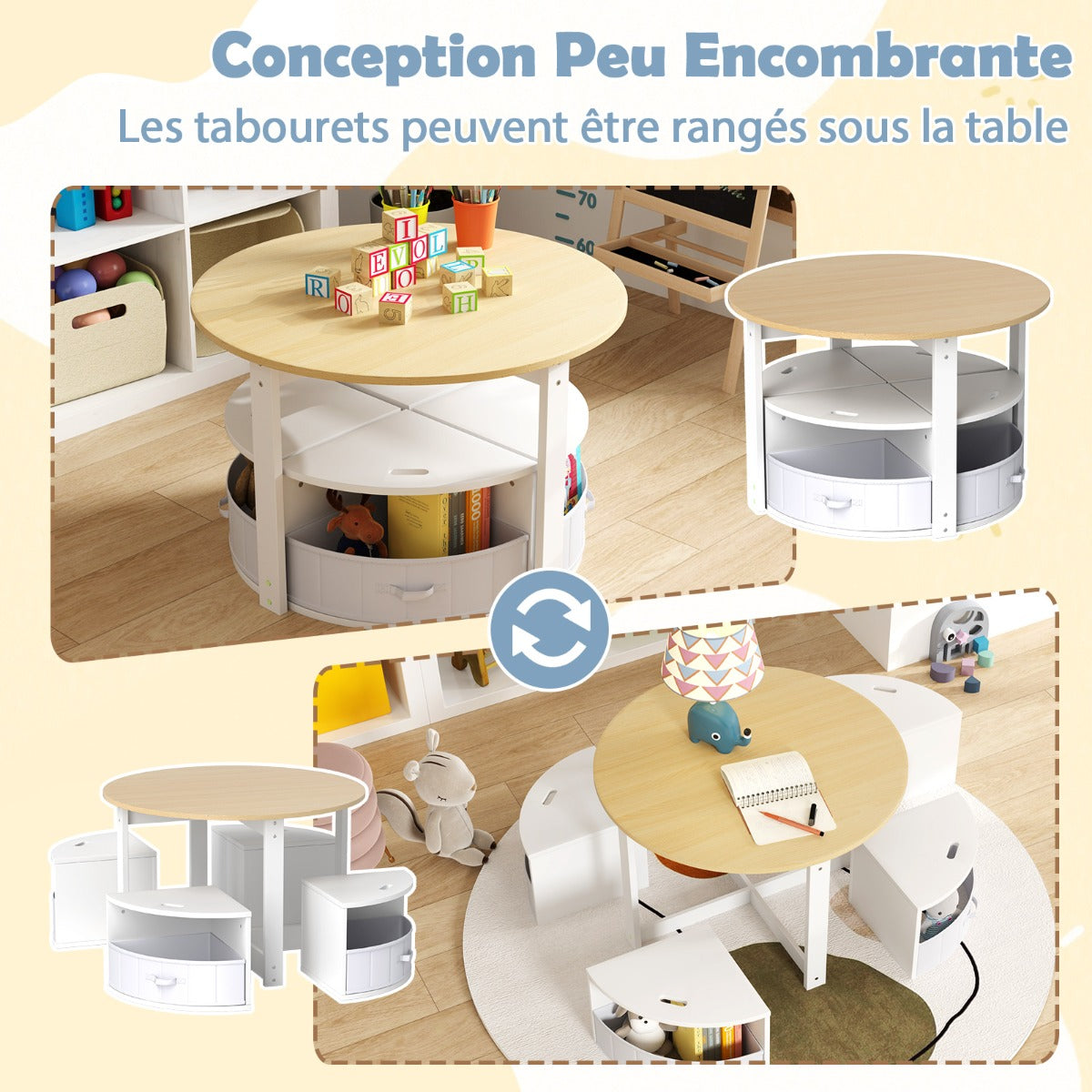 5 Piece Kids Table and Chair Set with 4 Storage Stools-Natural