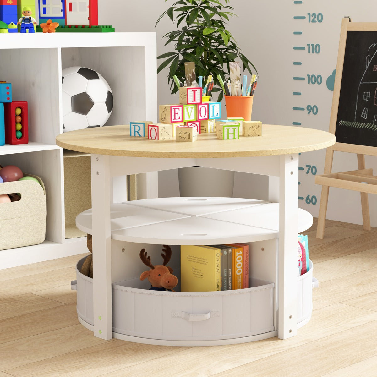 5 Piece Kids Table and Chair Set with 4 Storage Stools-Natural