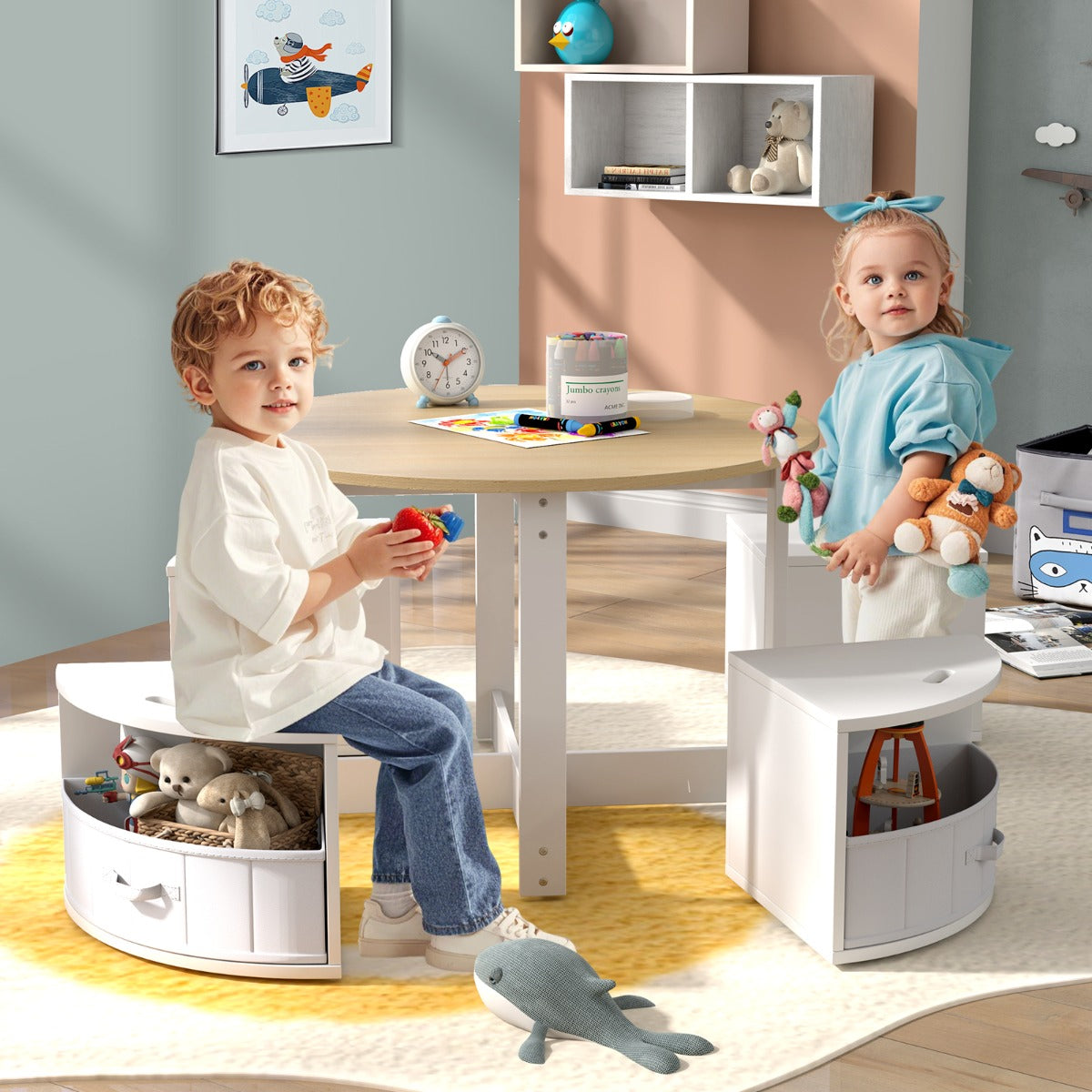 5 Piece Kids Table and Chair Set with 4 Storage Stools-Natural