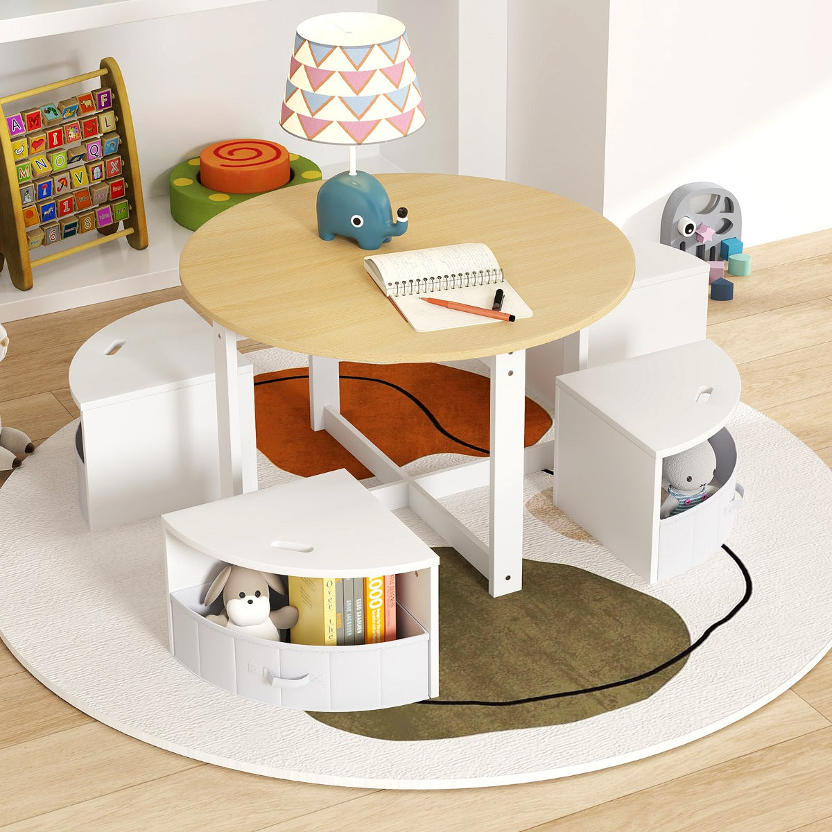5 Piece Kids Table and Chair Set with 4 Storage Stools-Natural