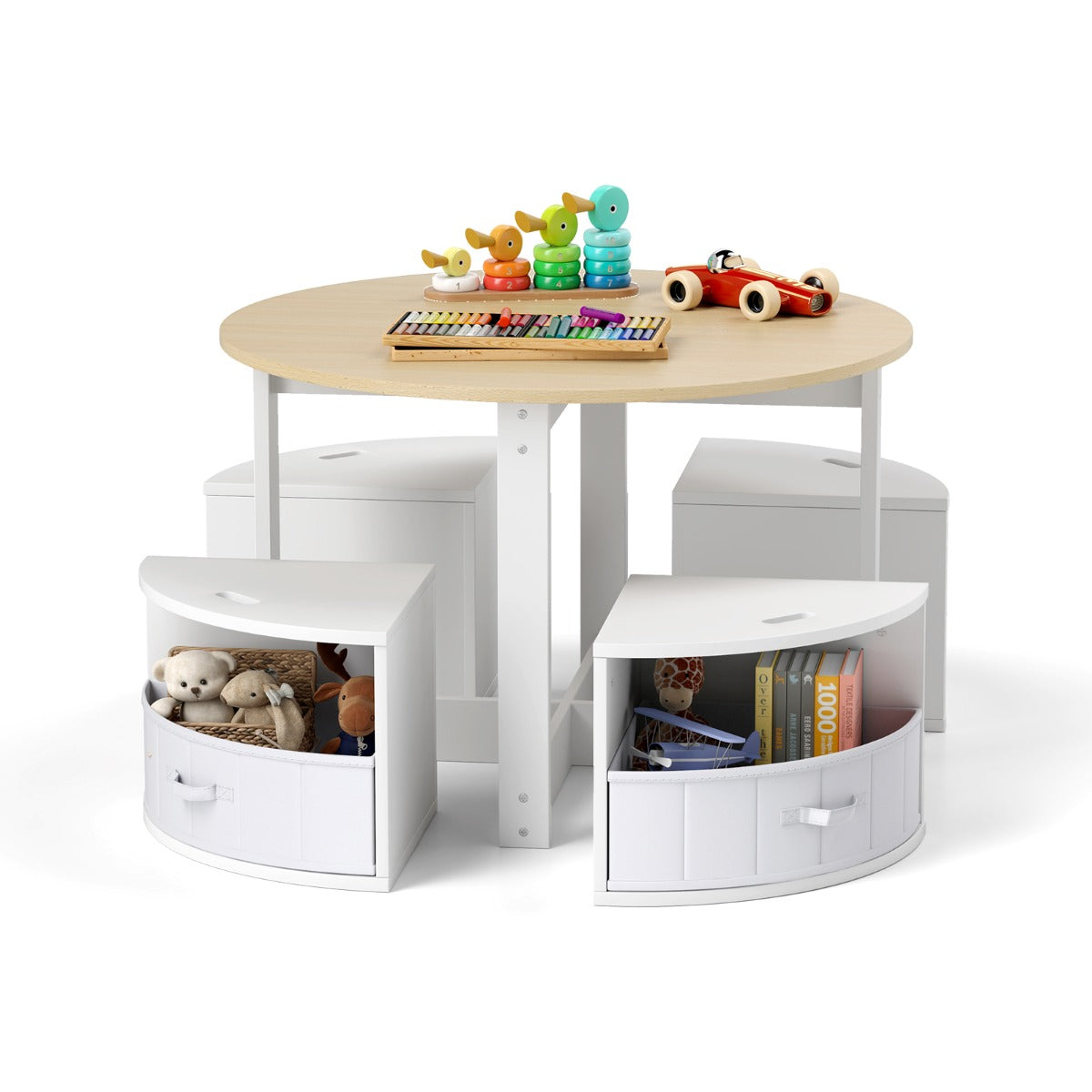 5 Piece Kids Table and Chair Set with 4 Storage Stools-Natural