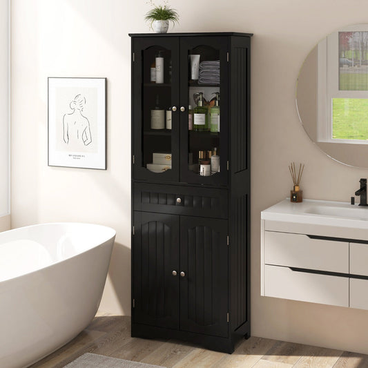 160cm Freestanding Linen Tall Bathroom Storage Cabinet with 2 Glass Doors-Black