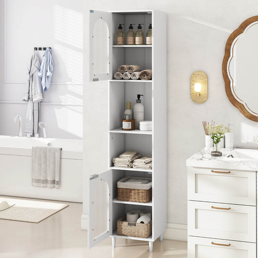 Tall Bathroom Storage Cabinet Narrow Home Organizer with 2 Fluted Glass Doors-White