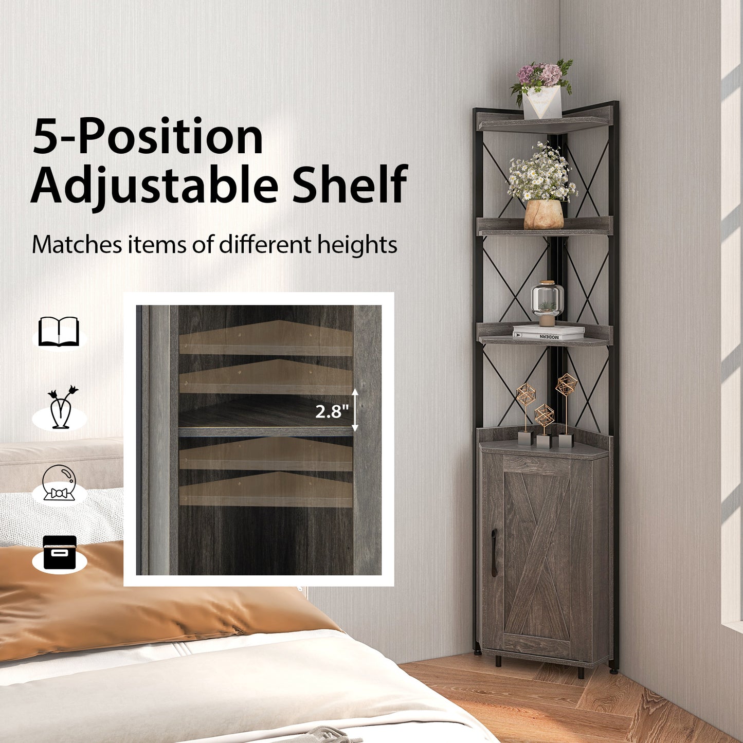 Tall Corner Storage Cabinet with 3-Tier Shelf and Enclosed Cabinet-Gray