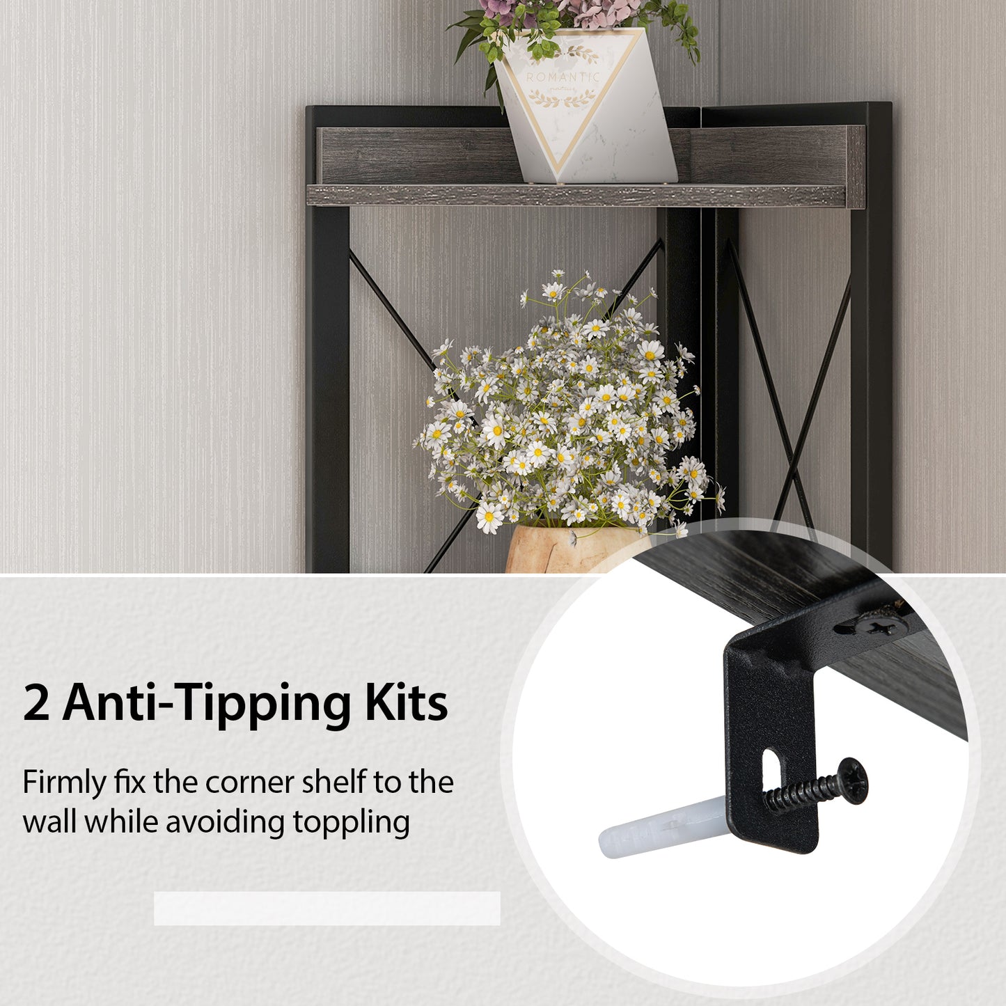 Tall Corner Storage Cabinet with 3-Tier Shelf and Enclosed Cabinet-Gray
