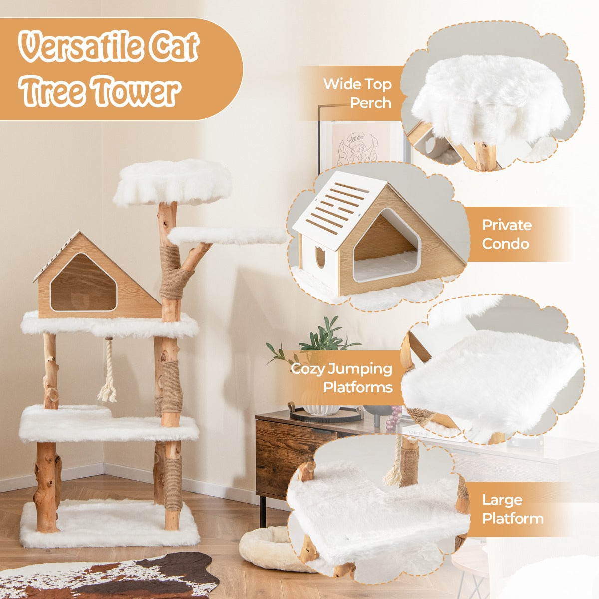 149 cm Tall Solid Wood Cat Tree with 2 Perches Condo and Jute Scratching Posts-White