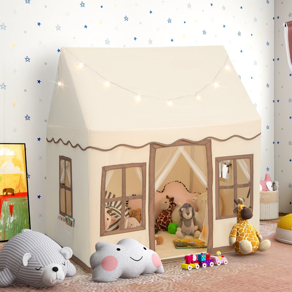 Toddler Large Playhouse with Star String Lights-Brown