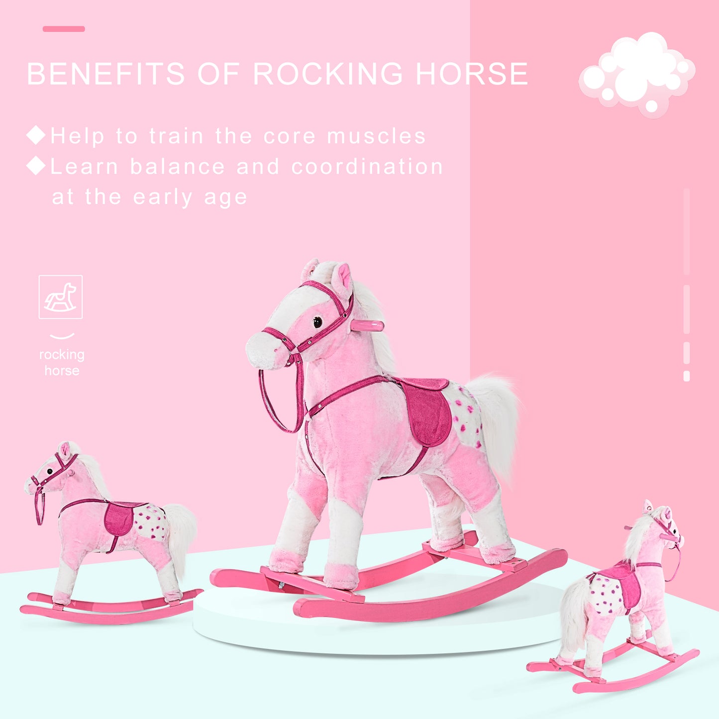 HOMCOM Baby Rocking Horse Plush Ride on Animals Rocker with Sound Handle Grip for Kids 3-6 Years - Pink