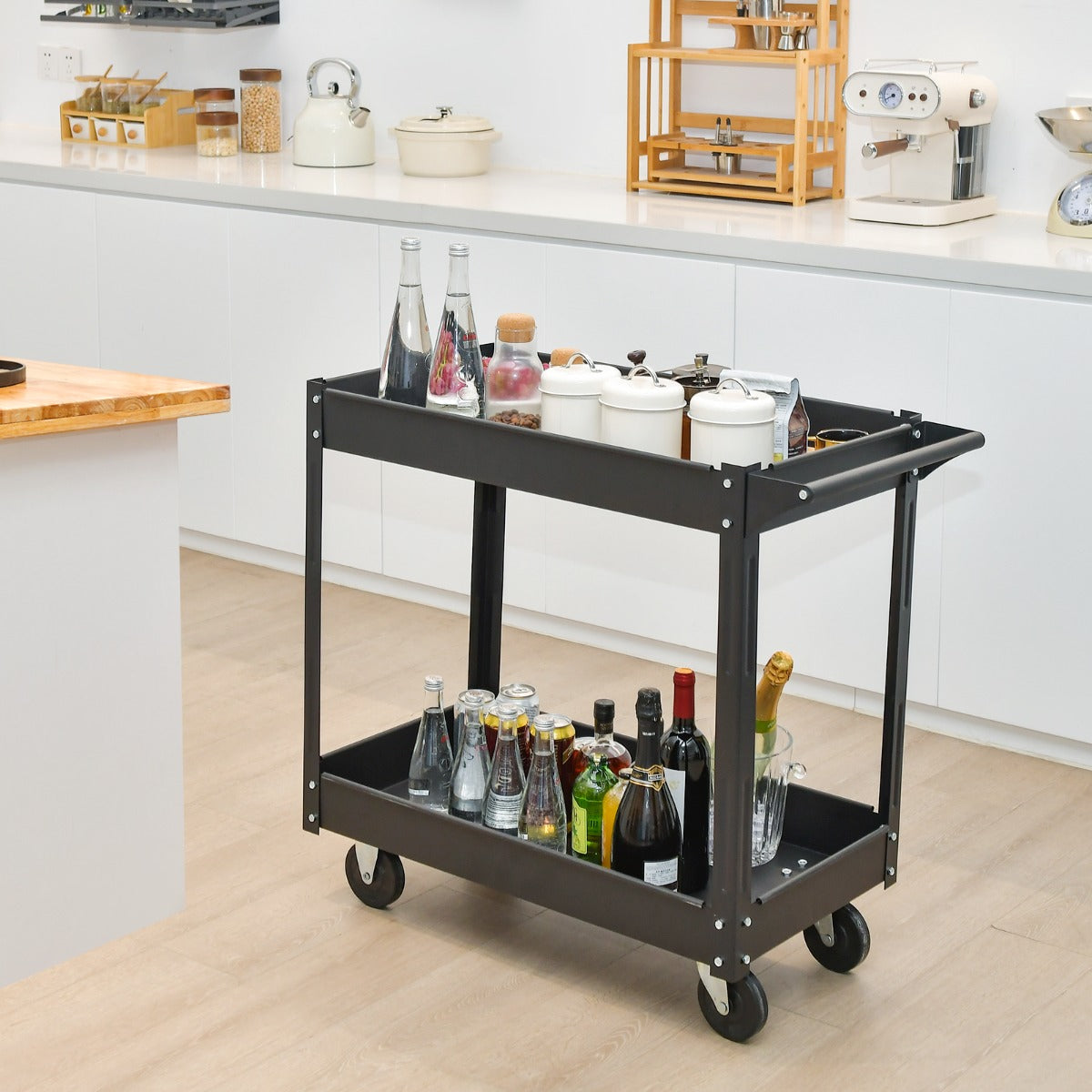 2 Tiers Tool Trolley with Handle and 4 Wheels-Black