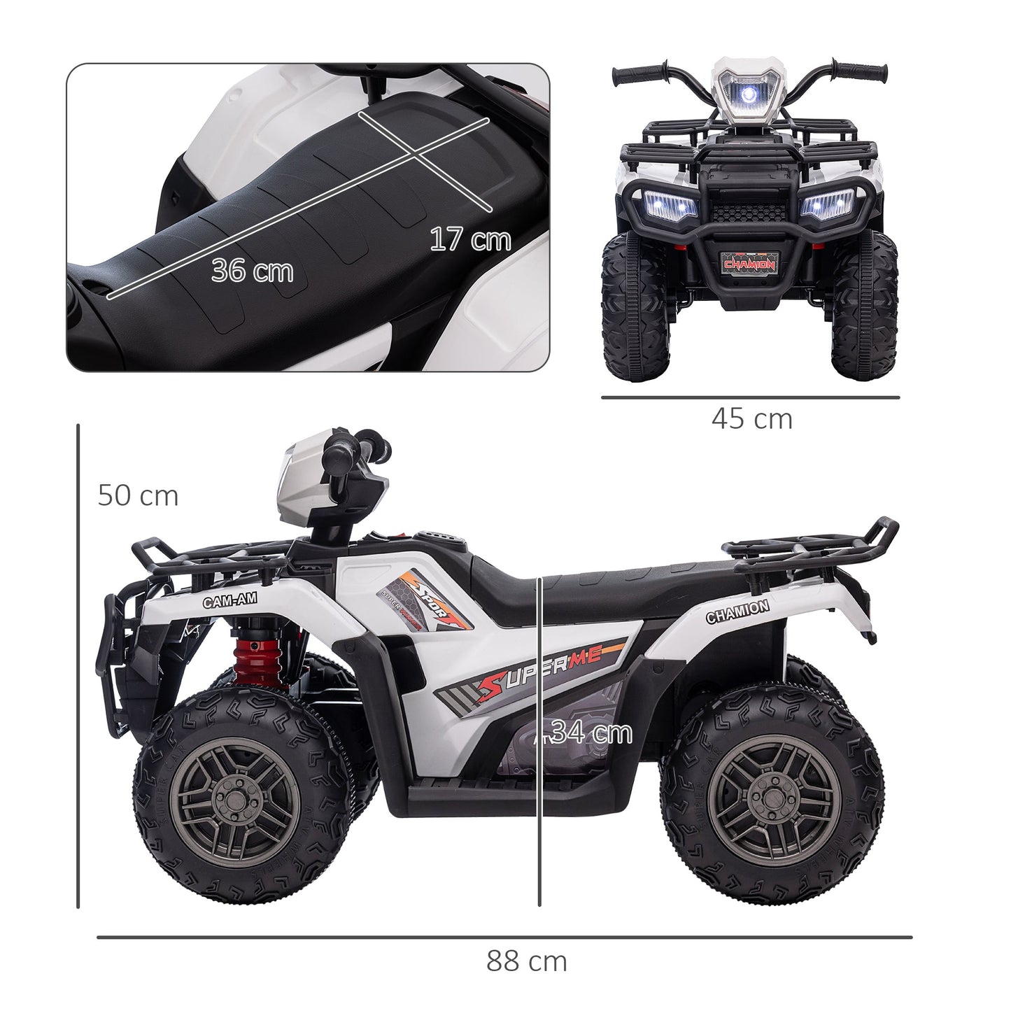 HOMCOM 12V Quad dla dzieci z funkcjami jazdy do przodu i do tyłu, jeździk ATV z muzyką, diodami LED, reflektorami, dla dzieci w wieku 3-5 lat - biały