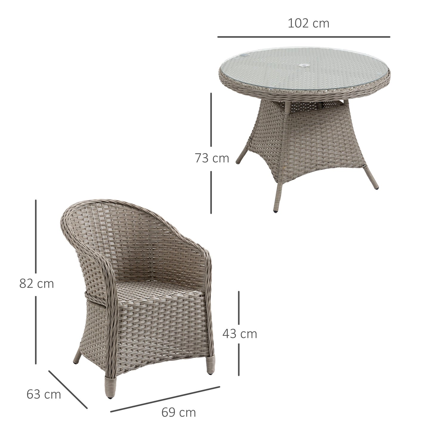 Zestaw mebli ogrodowych Outsunny 4 Seater Rattan z poduszkami, okrągły zestaw jadalny PE Rattan ze szklanym blatem, otworem na parasol, stół ogrodowy i krzesła, mieszany szary
