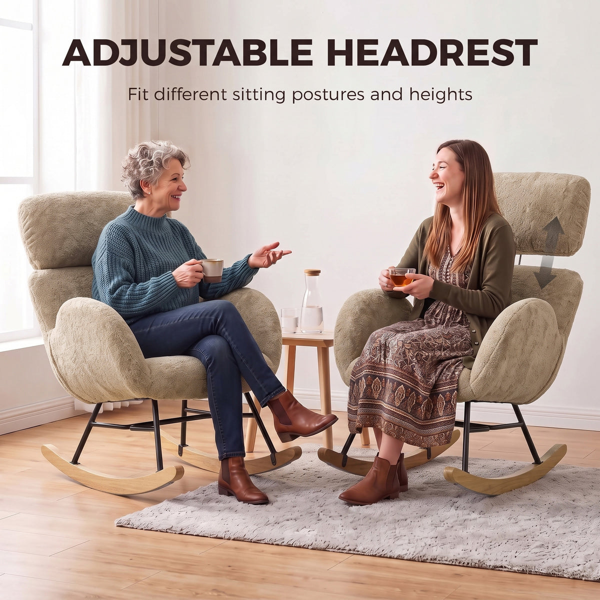 HOMCOM Upholstered Rocking Chair Adjustable Headrest Rocker Chair Raindrop Velvet Rubberwood Base Light Brown