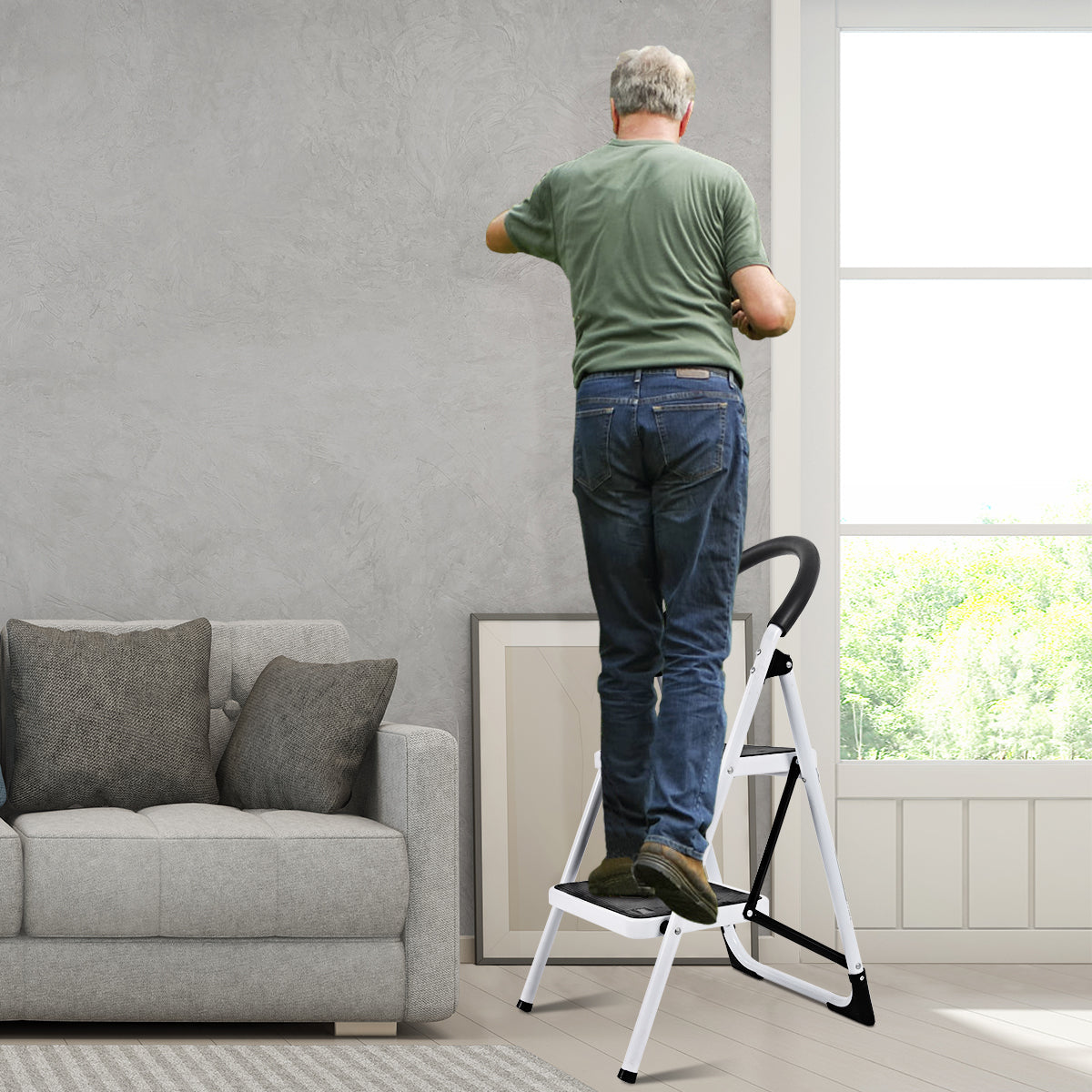 2 Step Household Ladder with Anti-Slip Platform and Lightweight Portable Design for Home/Garden