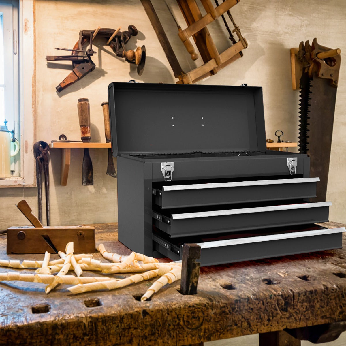 Portable Metal Tool Box with 3 Drawers and Storage Tray, Tool Case 52cm Black