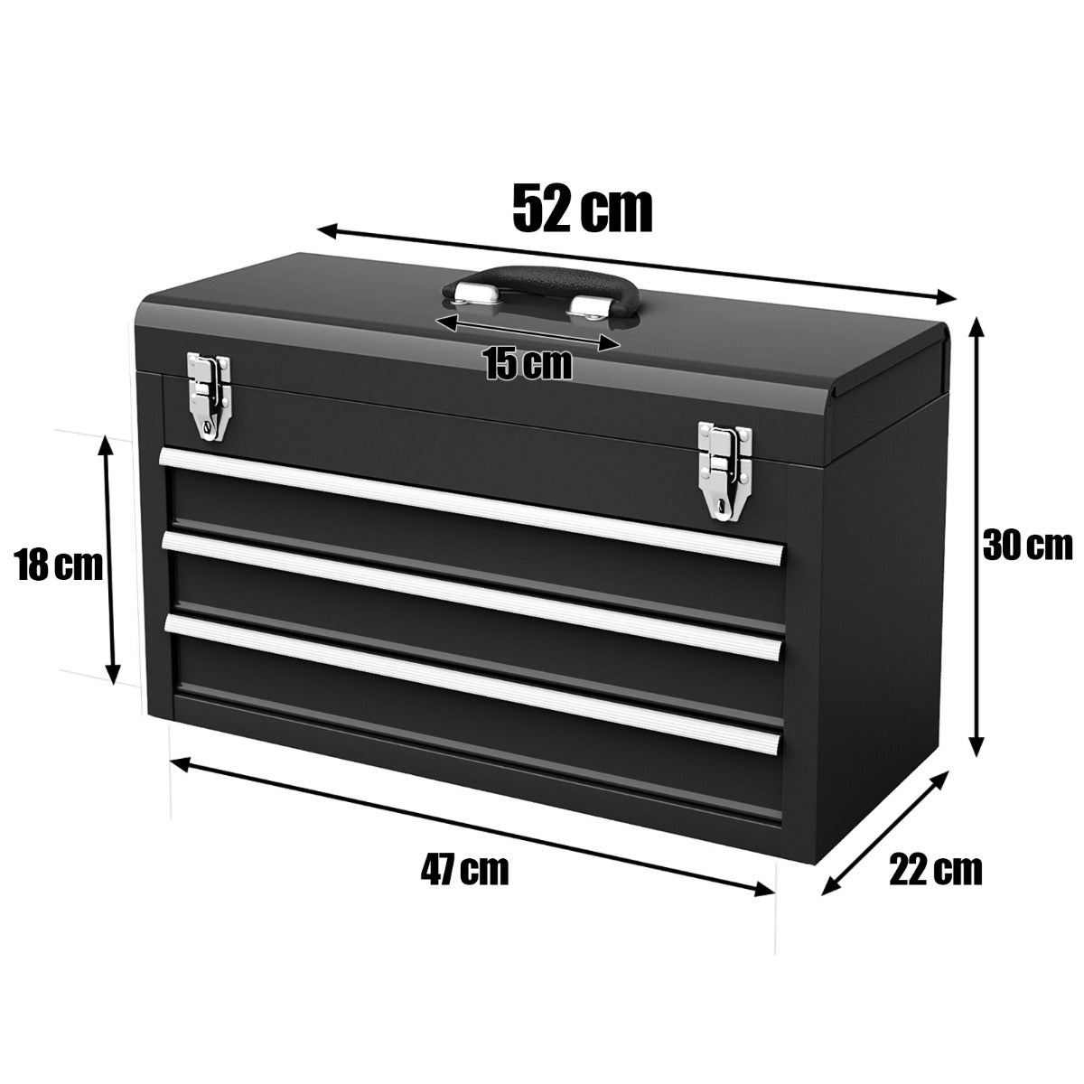 Portable Metal Tool Box with 3 Drawers and Storage Tray, Tool Case 52cm Black