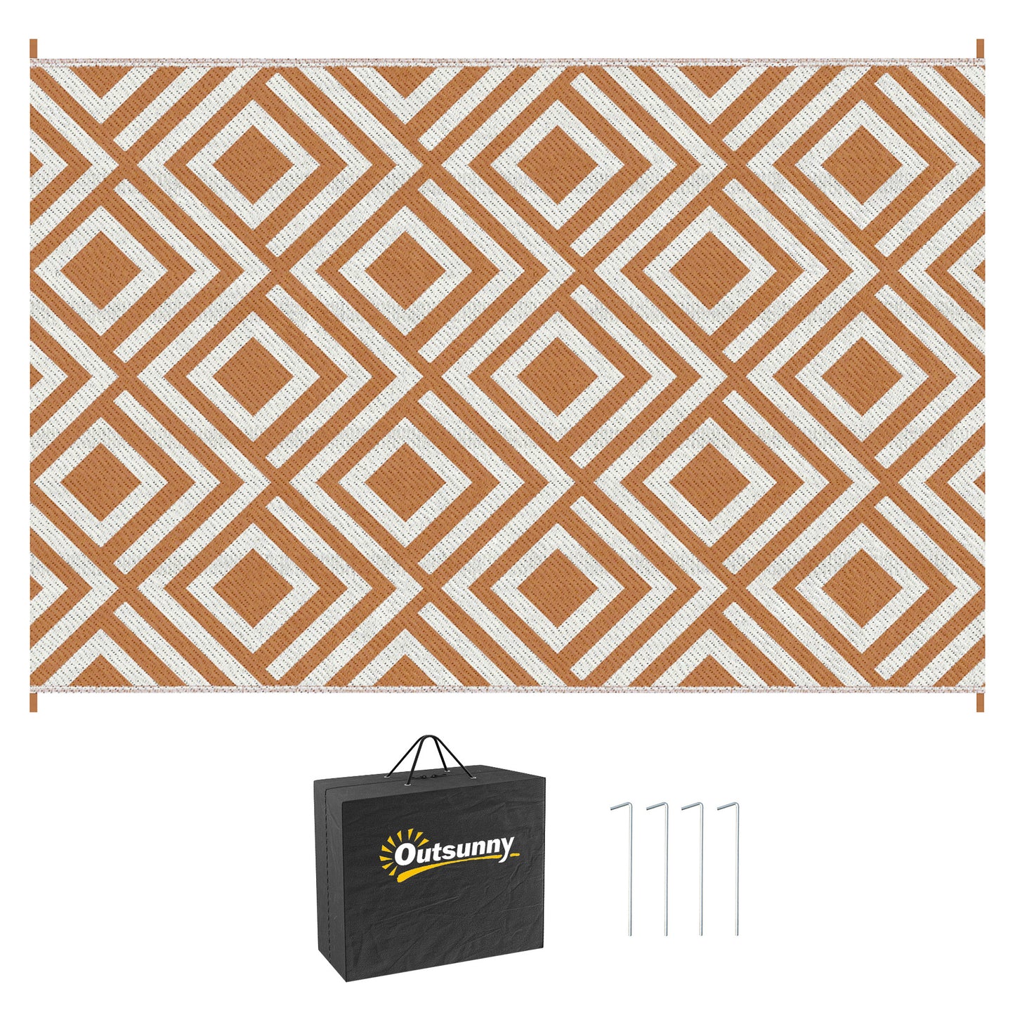 Outsunny Reversible Outdoor Rug, plastikowa mata słomiana z torbą transportową, kołki do mocowania na ziemi, do ogrodu, kempingu, pikniku, plaży, 182x274 cm, brązowy