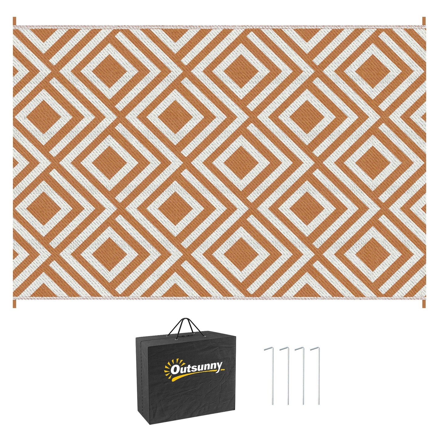 Outsunny Reversible Outdoor Rug, plastikowa mata słomiana z torbą transportową, kołki do mocowania na ziemi, do ogrodu, kempingu, pikniku, plaży, 182x274 cm, brązowy