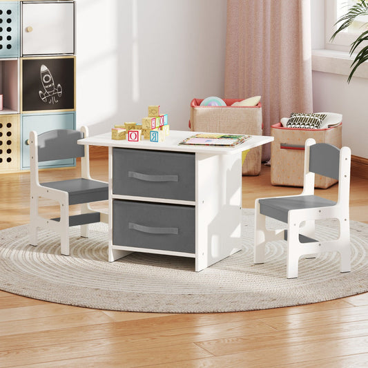 Toddler Wooden Activity Table & 2 Chairs Set with 2 Fabric Storage Bins-Grey
