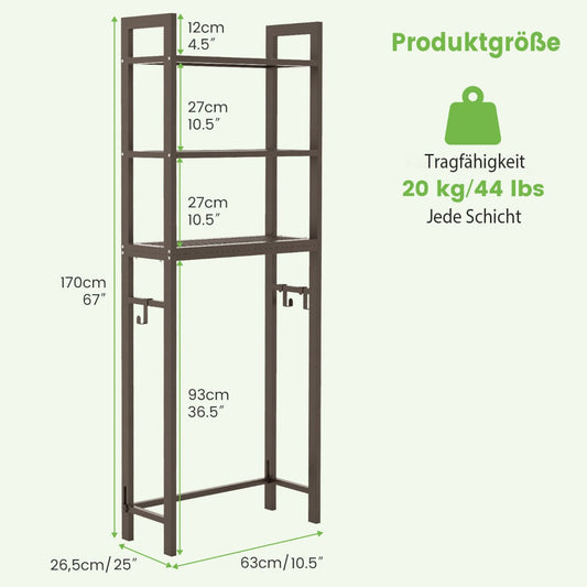 Over-The-Toilet Storage Shelf with Anti-tipping Device and Hooks-Brown