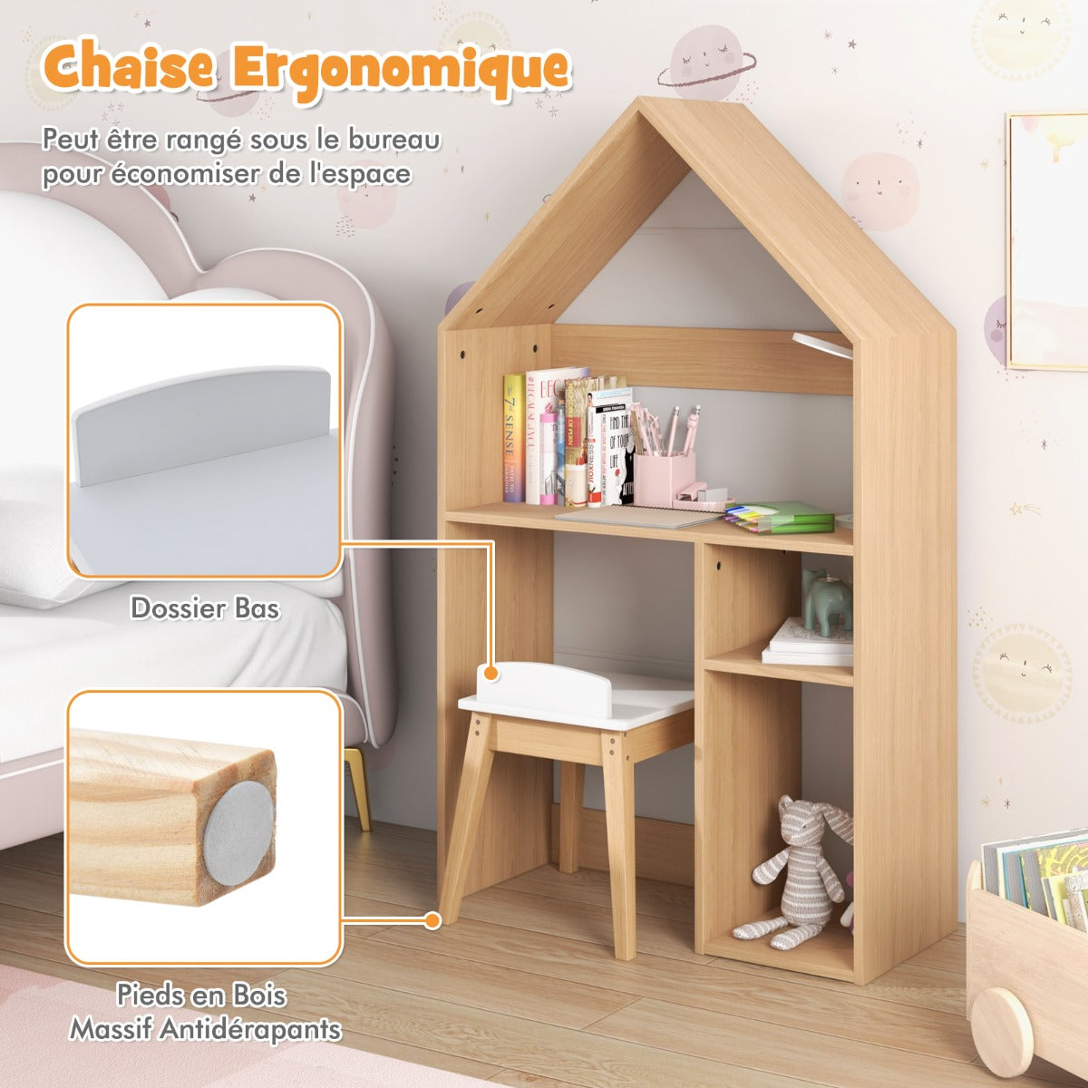 Wooden Kids Table and Chair Set House-Shaped with Blackboard-White