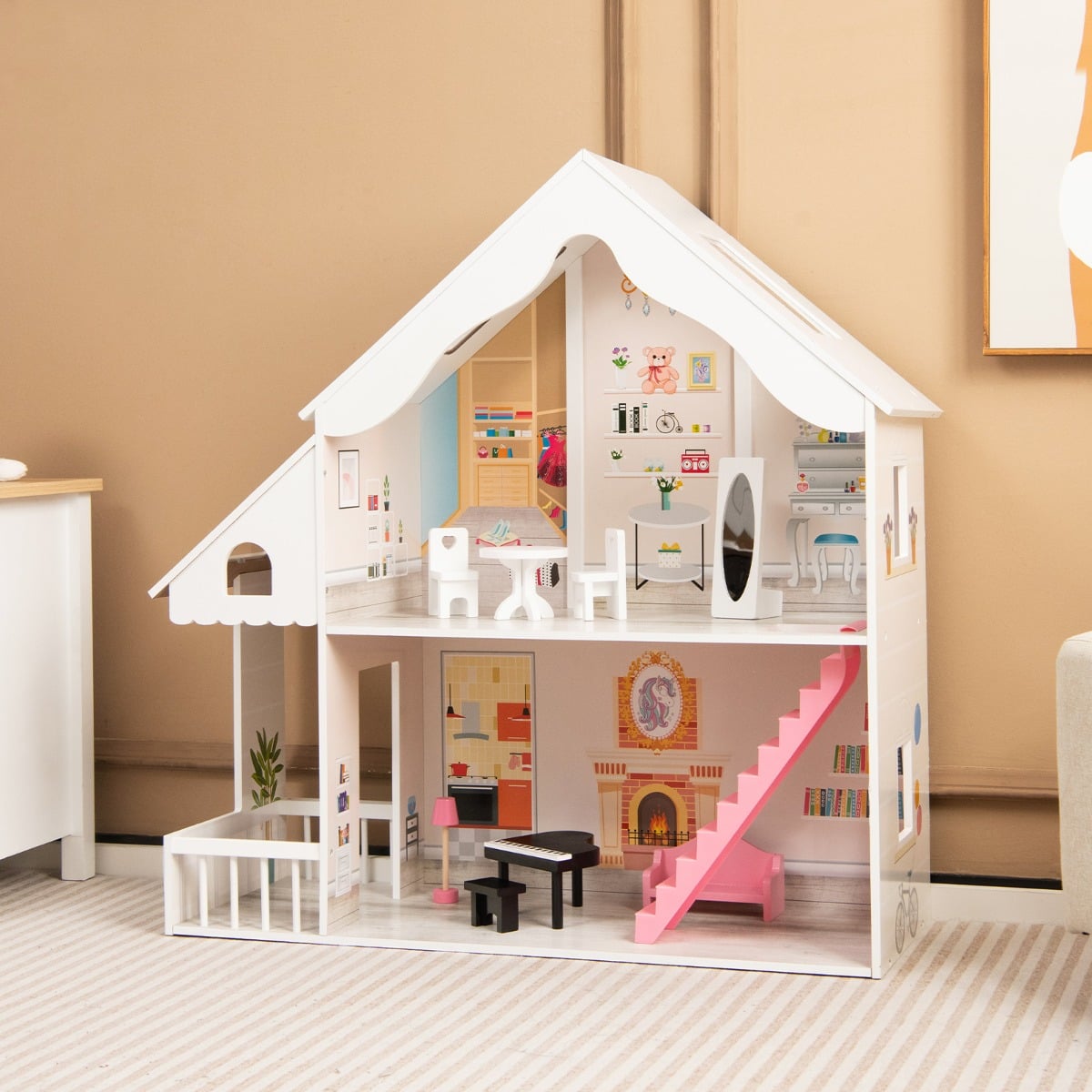 Kids Wooden Dollhouse with Simulated Rooms and Furniture Set-White