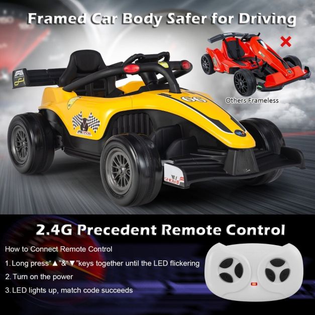 Samochód dla dzieci zasilany akumulatorem 12 V, z pilotem i muzyką MP3 – żółty