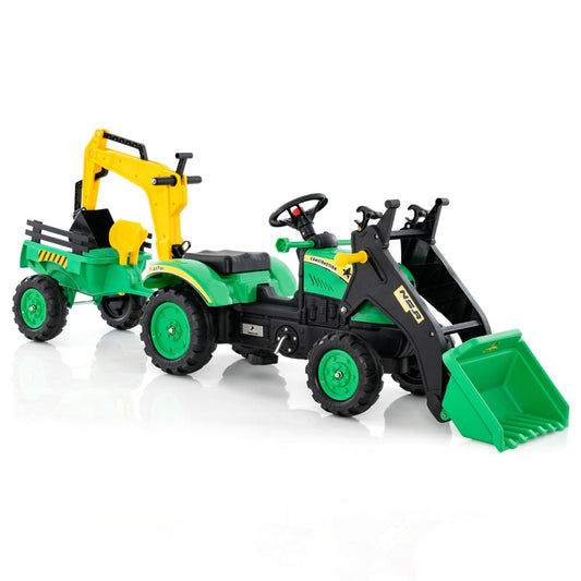 3-in-1 Kids Ride On Pedal Excavator with Detachable Trailer-Green