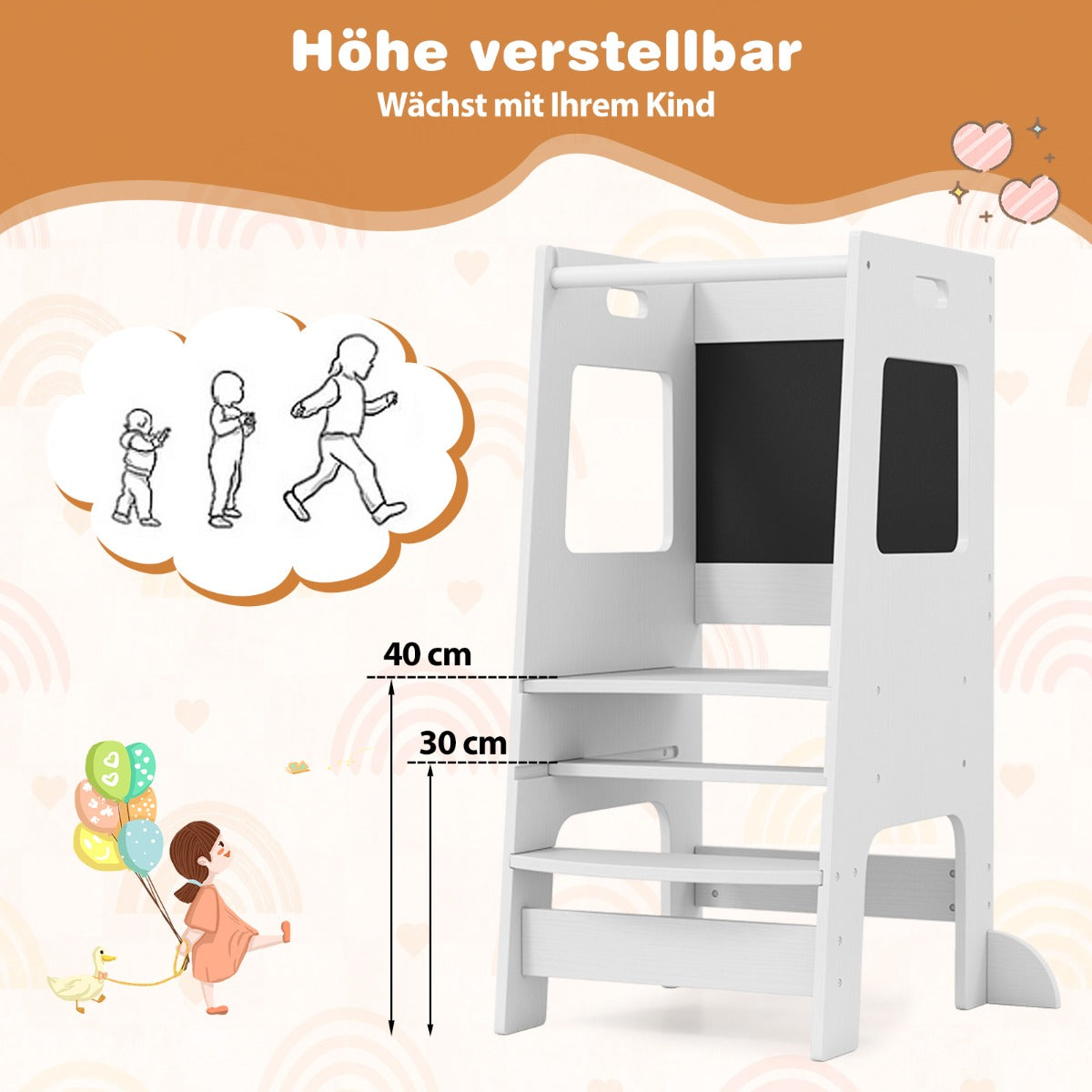 Toddler Kitchen Step Stool with Activity Chalkboard and Adjustable Height-White