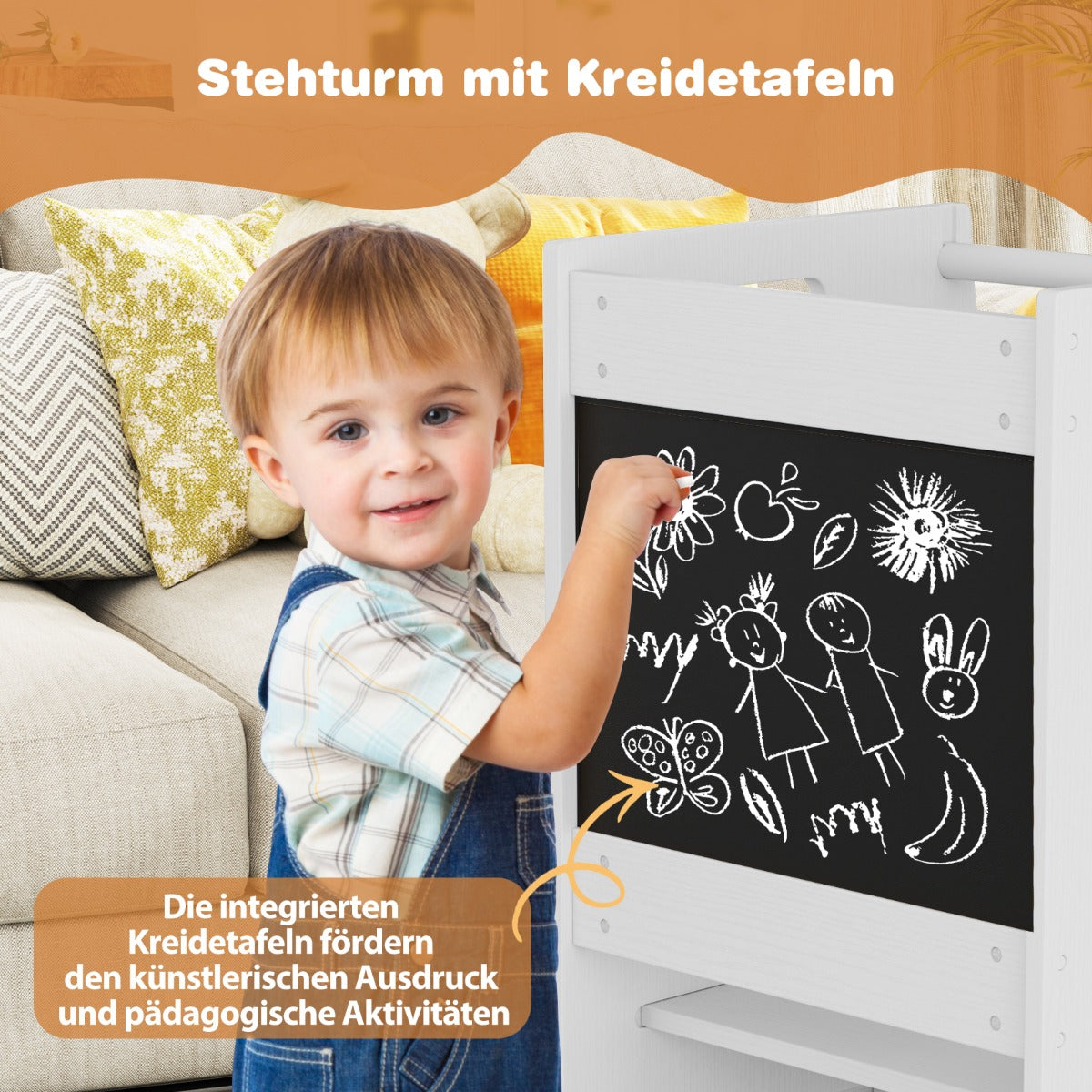 Toddler Kitchen Step Stool with Activity Chalkboard and Adjustable Height-White