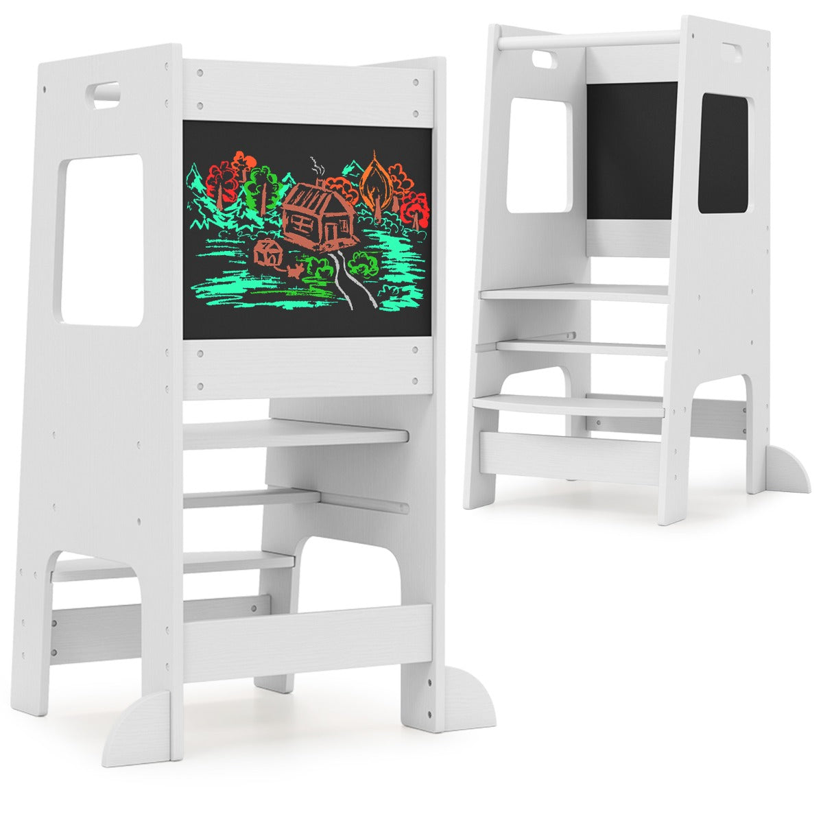 Toddler Kitchen Step Stool with Activity Chalkboard and Adjustable Height-White