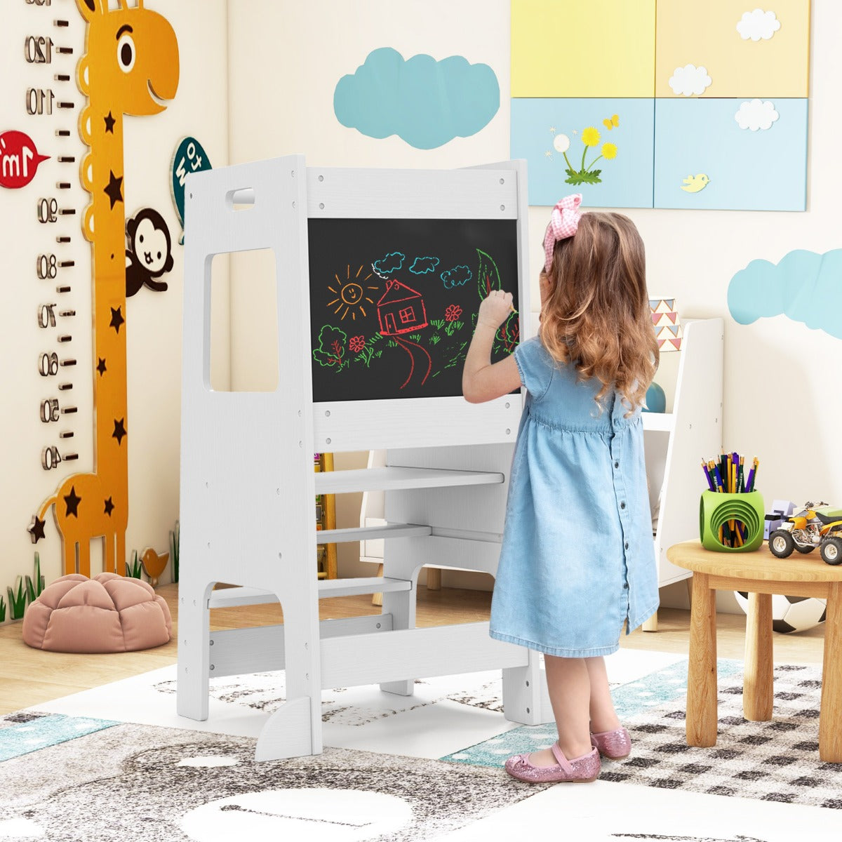 Toddler Kitchen Step Stool with Activity Chalkboard and Adjustable Height-White