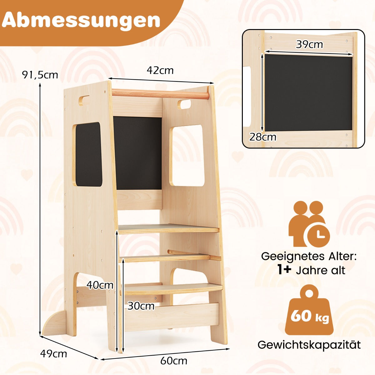 Toddler Kitchen Step Stool with Activity Chalkboard and Adjustable Height-Natural