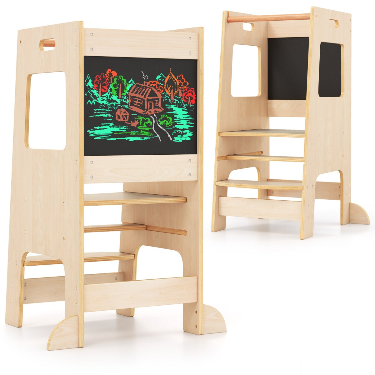 Toddler Kitchen Step Stool with Activity Chalkboard and Adjustable Height-Natural