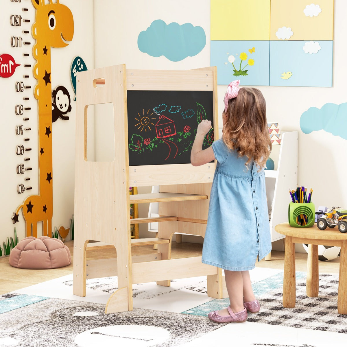Toddler Kitchen Step Stool with Activity Chalkboard and Adjustable Height-Natural