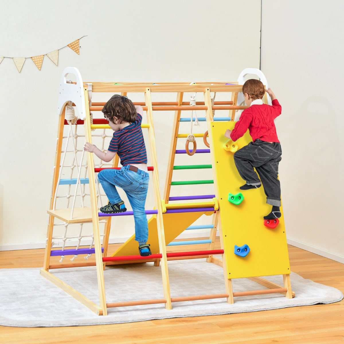 8-in-1 Jungle Gym Playset Wooden Climber Play Set with Monkey Bars-Colourful