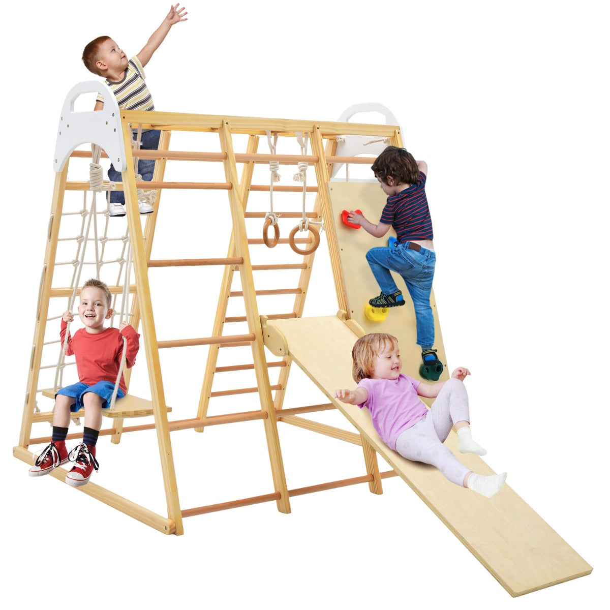 8-in-1 Jungle Gym Playset Wooden Climber Play Set with Monkey Bars-Natural