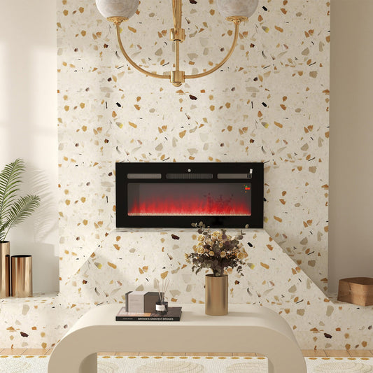 هومكوم، مدفأة كهربائية مقاس 102 سم، مدفأة كهربائية مثبتة على الحائط بقدرة 2000 وات مع جهاز تحكم عن بعد، 9 ألوان لهب وكريستال، أسود