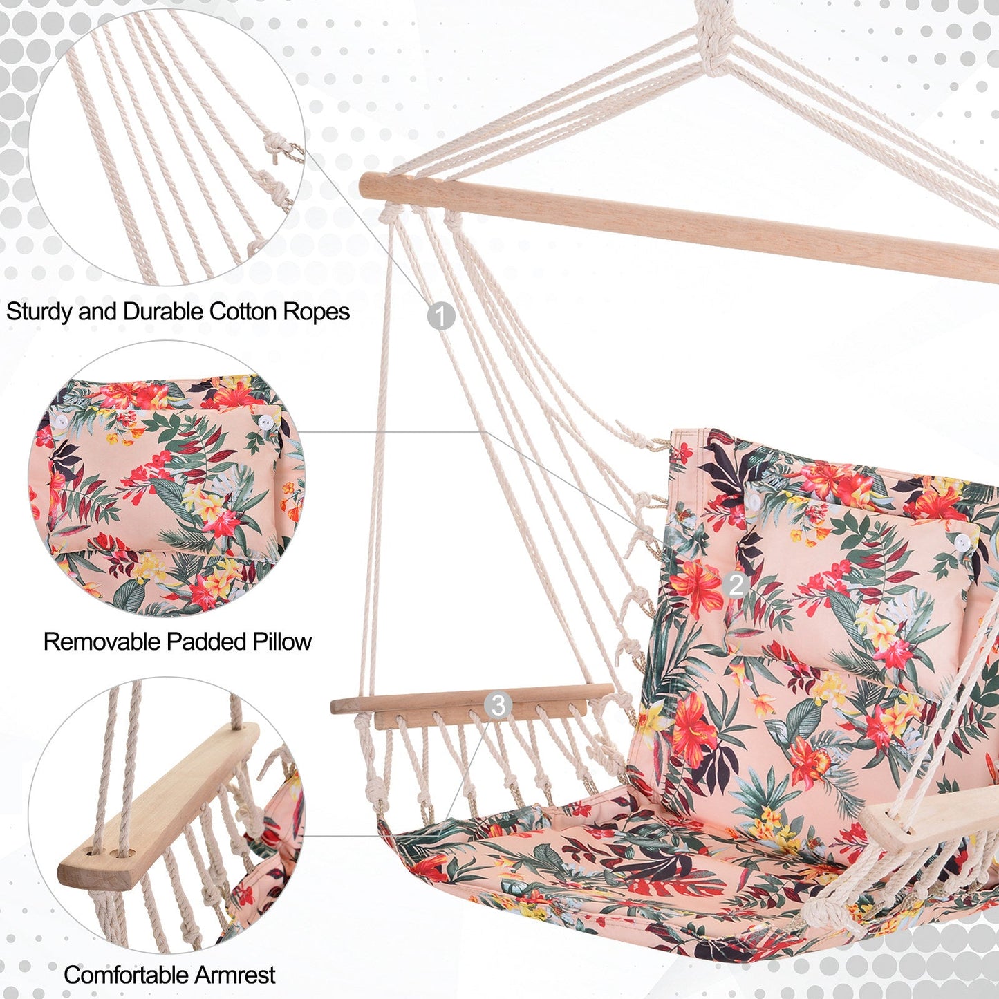 Outsunny Garden Zewnętrzny wiszący fotel hamakowy Gruba lina Rama Drewniane podłokietniki Bezpieczne szerokie siedzisko Ogród Zewnętrzny Stylowy Wielokolorowy kwiatowy
