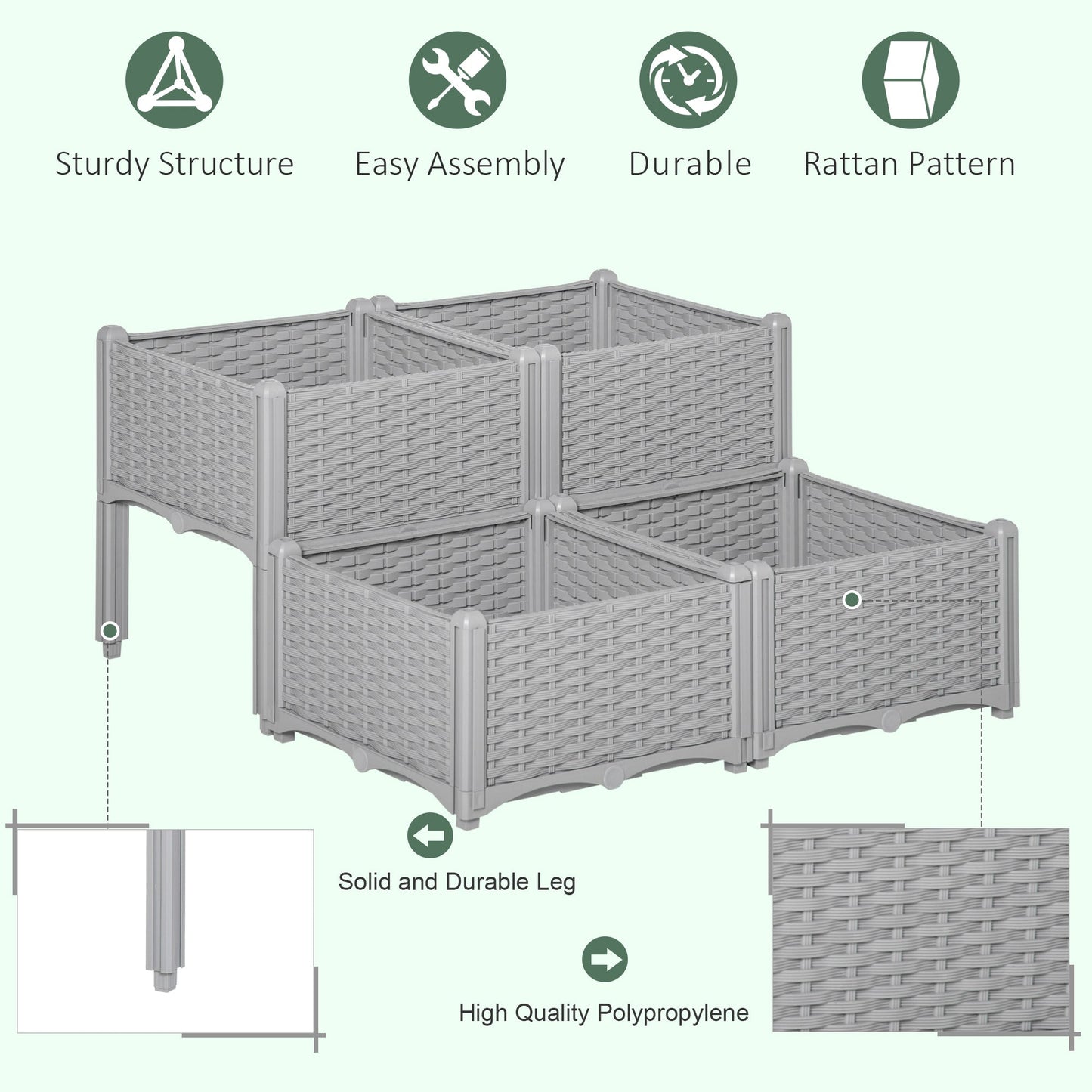 Outsunny Set of 4 26L Garden Raised Bed Elevated Patio Flower Plant Planter Box PP Vegetables Planting Container, Grey