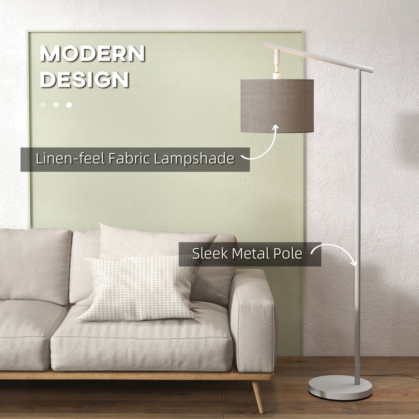 Lampa podłogowa HOMCOM z metalową ramą i obrotowym kloszem 350°, do salonu i sypialni, z żarówką LED w zestawie, w kolorze szarym